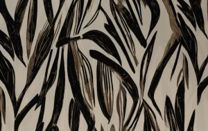 Viscose twill stof, bladeren print, zwart/creme. P969-1