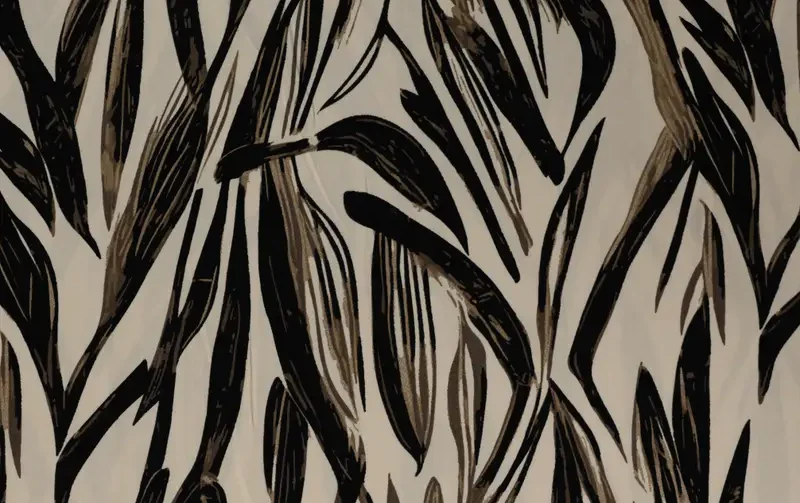 Viscose twill stof, bladeren print, zwart/creme. P969-1