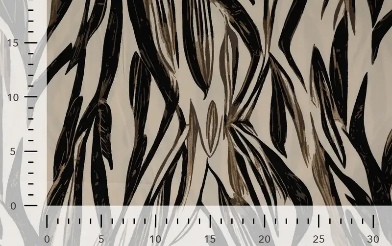 Viscose twill stof, bladeren print, zwart/creme. P969-4