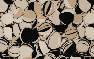 Viscose twill stof, cirkel print, zwart/creme. P970-1