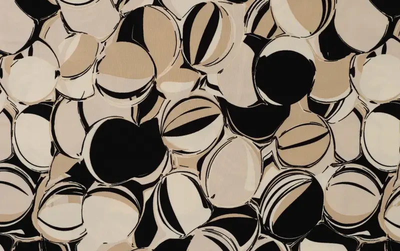 Viscose twill stof, cirkel print, zwart/creme. P970-1