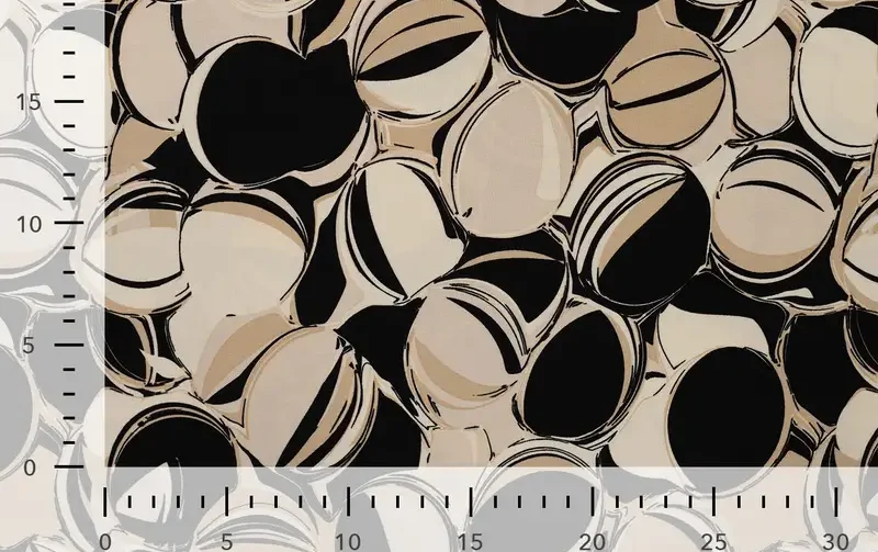 Viscose twill stof, cirkel print, zwart/creme. P970-4