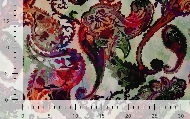 Viscose twill stof, paisley print, groen/paars/rood. P973-4