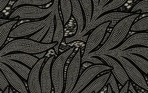 Viscose twill stof, bladeren print, zwart/wit. P974-1