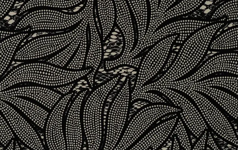 Viscose twill stof, bladeren print, zwart/wit. P974-1
