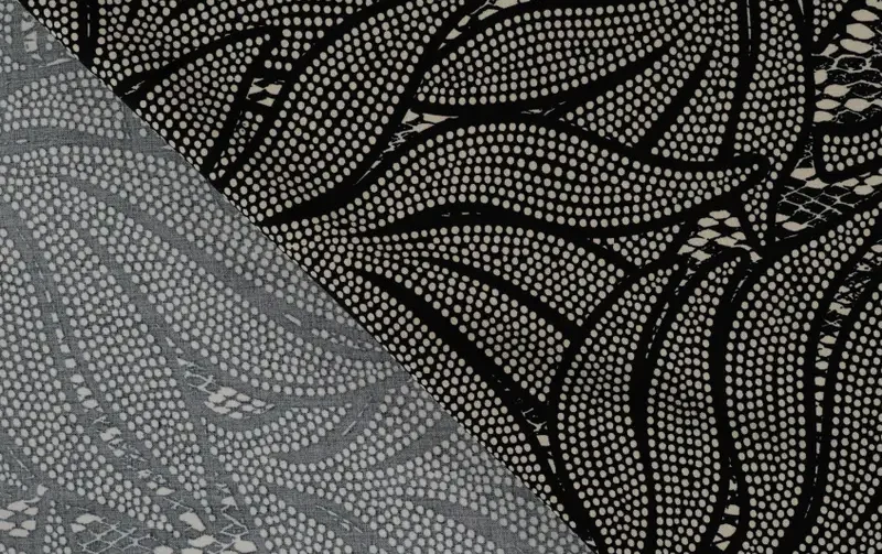 Viscose twill stof, bladeren print, zwart/wit. P974-2