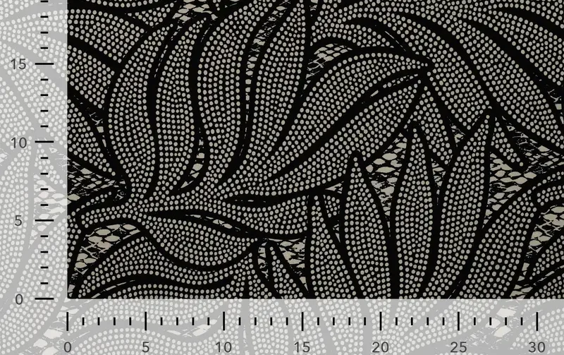 Viscose twill stof, bladeren print, zwart/wit. P974-4