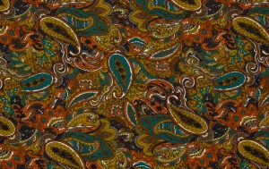 Viscose Jersey stof, paisley print, bruin/oker/oranje/turqoise, P986-1