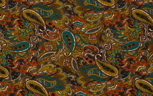 Viscose Jersey stof, paisley print, bruin/oker/oranje/turqoise, P986-1