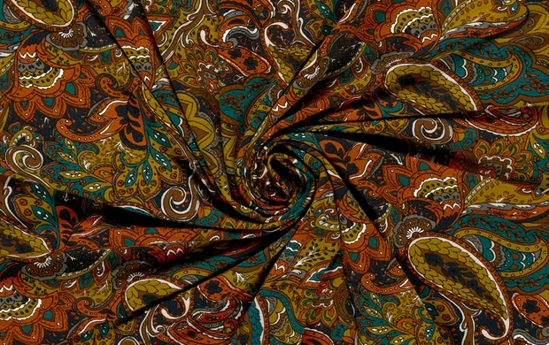Viscose Jersey stof, paisley print, bruin/oker/oranje/turqoise, P986-2