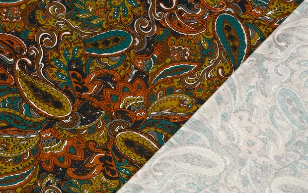 Viscose Jersey stof, paisley print, bruin/oker/oranje/turqoise, P986-3