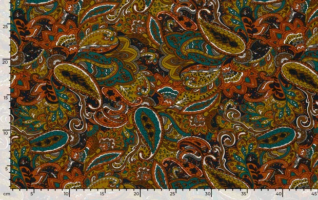 Viscose Jersey stof, paisley print, bruin/oker/oranje/turqoise, P986-4