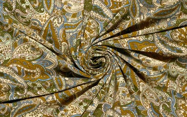 Viscose Jersey stof, paisley print, off-white/groen/blauw/okergeel, P987-2