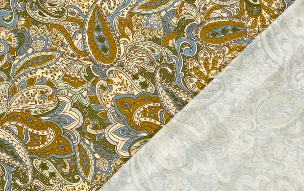 Viscose Jersey stof, paisley print, off-white/groen/blauw/okergeel, P987-3