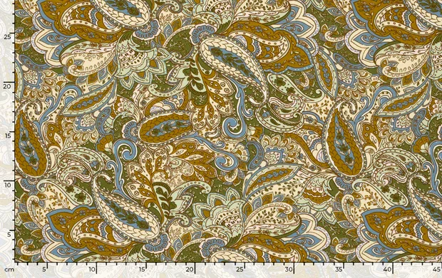 Viscose Jersey stof, paisley print, off-white/groen/blauw/okergeel, P987-4