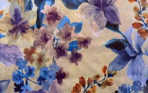 Fluweel stof, bloemen print, blauw/paars/crème, P989-1