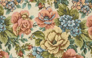 Jacquard stof, bloemen, crème/groen/blauw/roze, P991-1