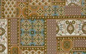 Viscose satijn stof, ornamenten, groen/bruin/geel/wit, p993-1