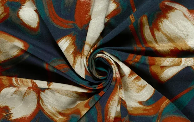Punta di roma stof, abstract print, blauw/oranje/crème, P998-2