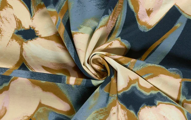 Punta di roma stof, abstract print, blauw/geel/crème, P999-2