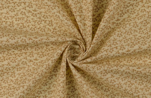 Poplin Katoen Stof, Bloemen Print, Bruin/offwhite. A.044-2