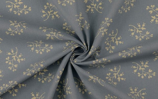 Poplin Katoen Stof, Bladeren/Bloemen Print, Blauw/offwhite. A.048-2