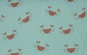 French terry stof, krabben print, licht blauw/roest. A.050-1