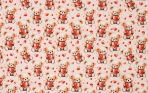 Jersey stof, beertjes print, roze/bruin/rood. A.075-1