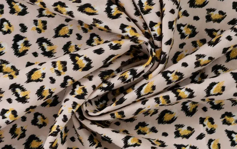 French terry stof, panter print glitter, crème/zwart/goud. A.068-4