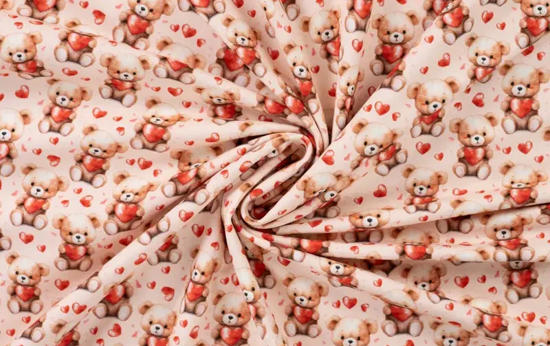 Jersey stof, beertjes print, roze/bruin/rood. A.075-3