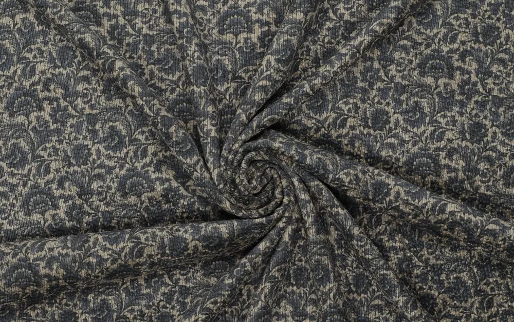 Stretch rib stof, bloemen print, blauw/crème. A.105-2