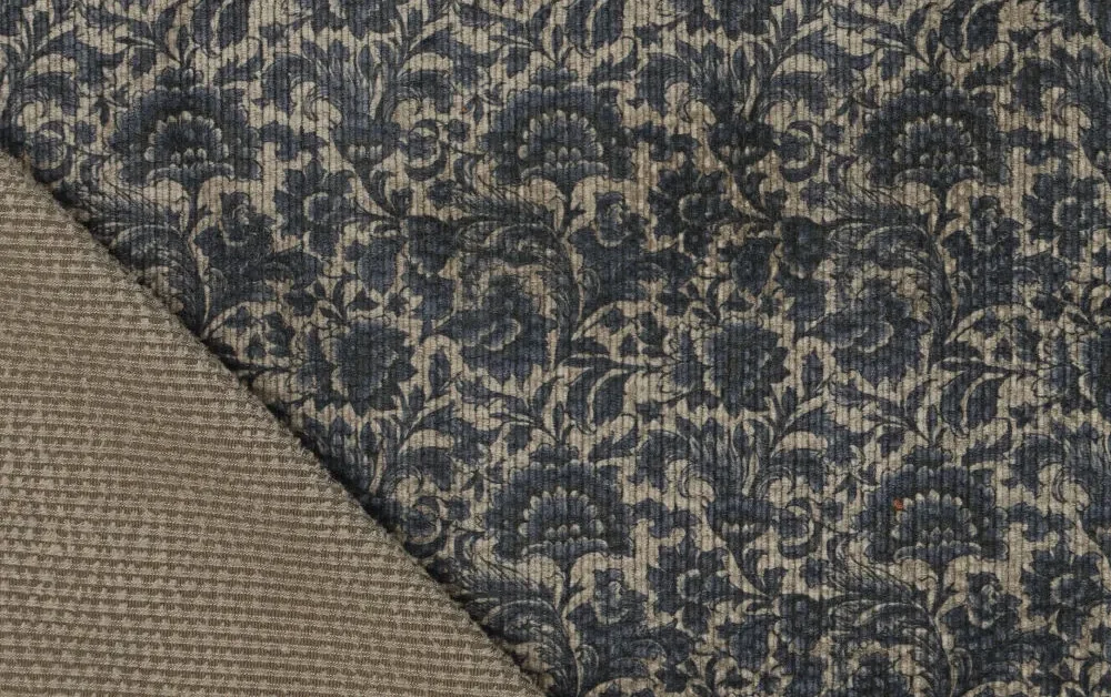 Stretch rib stof, bloemen print, blauw/crème. A.105-3