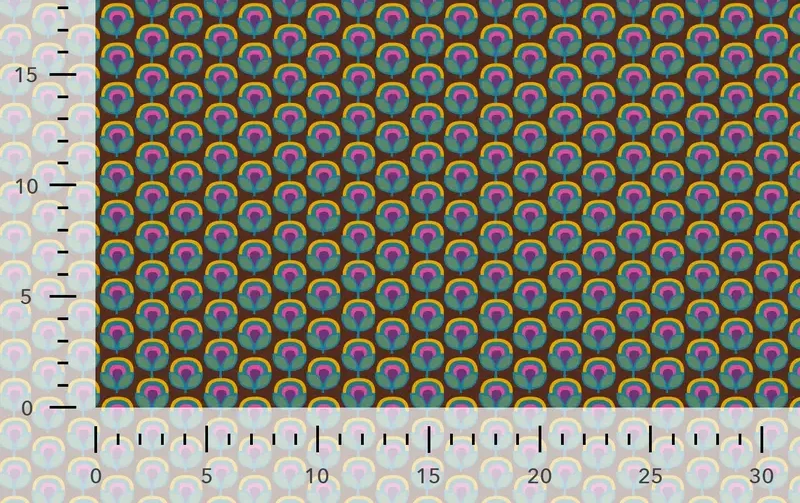 Poplin katoen stof, bloemen print, bruin/groen/paars. A.110-2