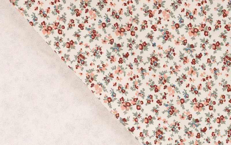 French terry stof, bloemen print, rood/groen/crème/roze. A.113-2