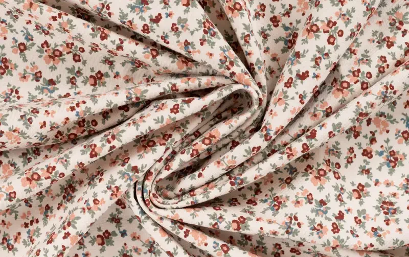French terry stof, bloemen print, rood/groen/crème/roze. A.113-3