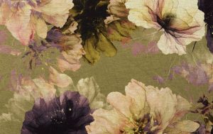 Jersey stof digital bloemen print, groen/paars/crème. A.114-1