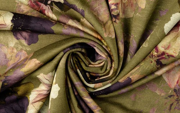 Jersey stof digital bloemen print, groen/paars/crème. A.114-2