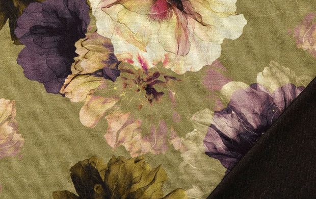 Jersey stof digital bloemen print, groen/paars/crème. A.114-3