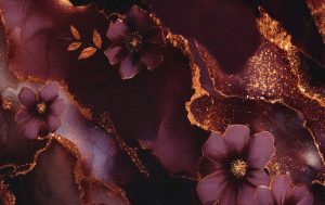 Punta di roma stof, bloemen print, aubergine/goud/paars. A.136-1