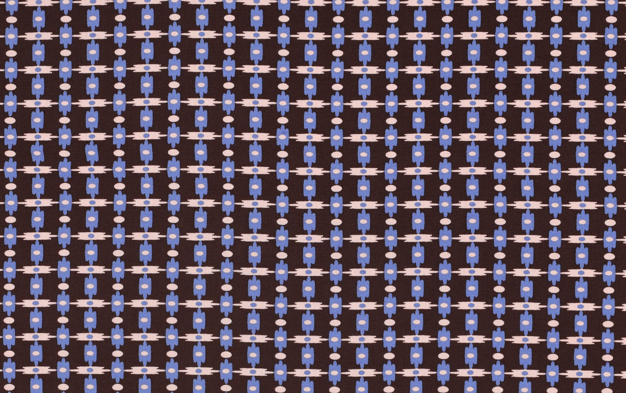 Viscose stof, abstracte print, bruin/paars/crème. A.139-1