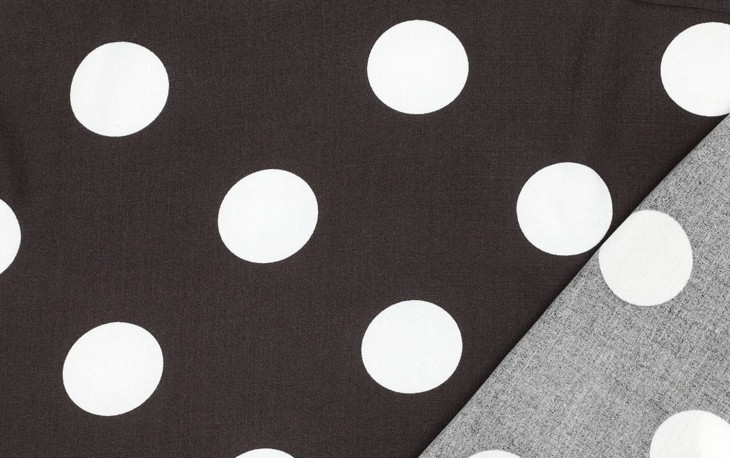 Viscose stof, polka dots print, donker bruin/wit. A.145-3