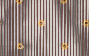Katoen stof, strepen met bloemen pailletten, bruin/geel. A.150-1