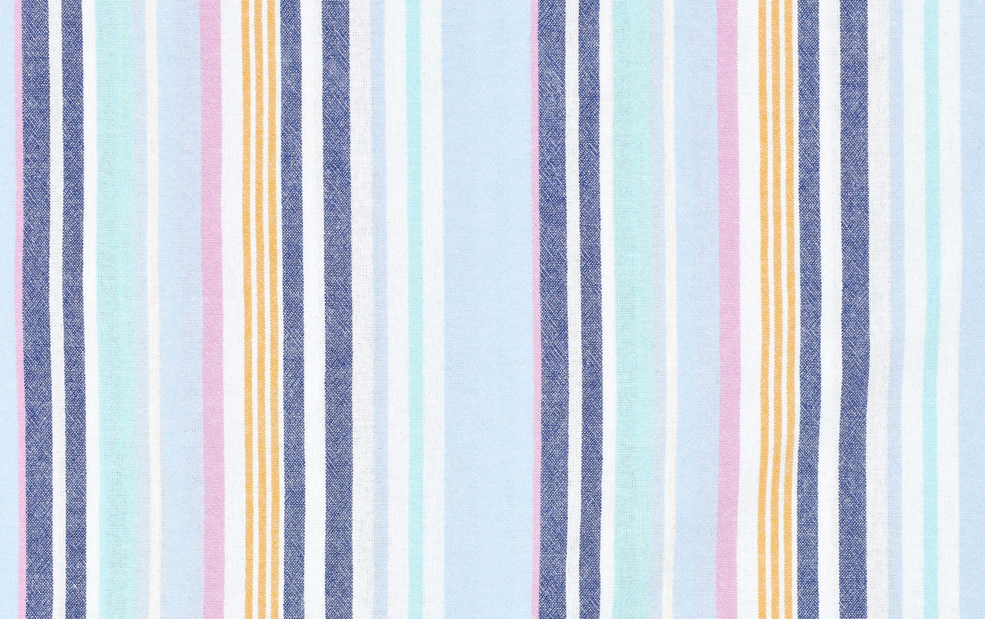 Katoen stof, garen geverfd, streep motief, blauw/geel/roze/wit. A.152-1