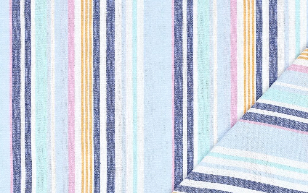 Katoen stof, garen geverfd, streep motief, blauw/geel/roze/wit. A.152-3
