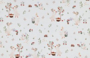 Jersey stof, GOTS, ganzen en bloemen motief, wit. A.153-1