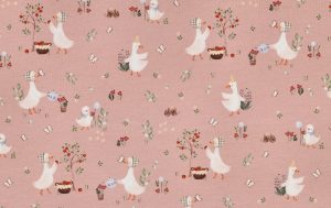 Jersey stof, GOTS, ganzen en bloemen motief, roze. A.154-1