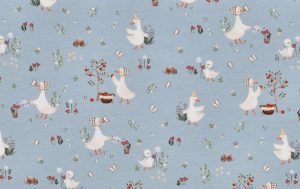 Jersey stof, GOTS, ganzen en bloemen motief, blauw. A.155-1