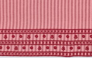 Double gauze stof, streep print met eenzijdige bloemen rand, roze. A.168-1