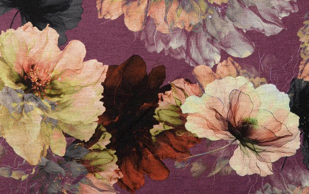 Jersey stof digital bloemen print, paars/blauw/crème. A.115-1