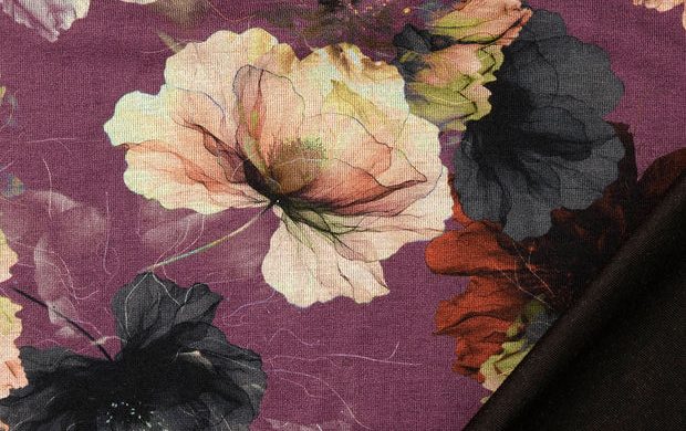 Jersey stof digital bloemen print, paars/blauw/crème. A.115-3